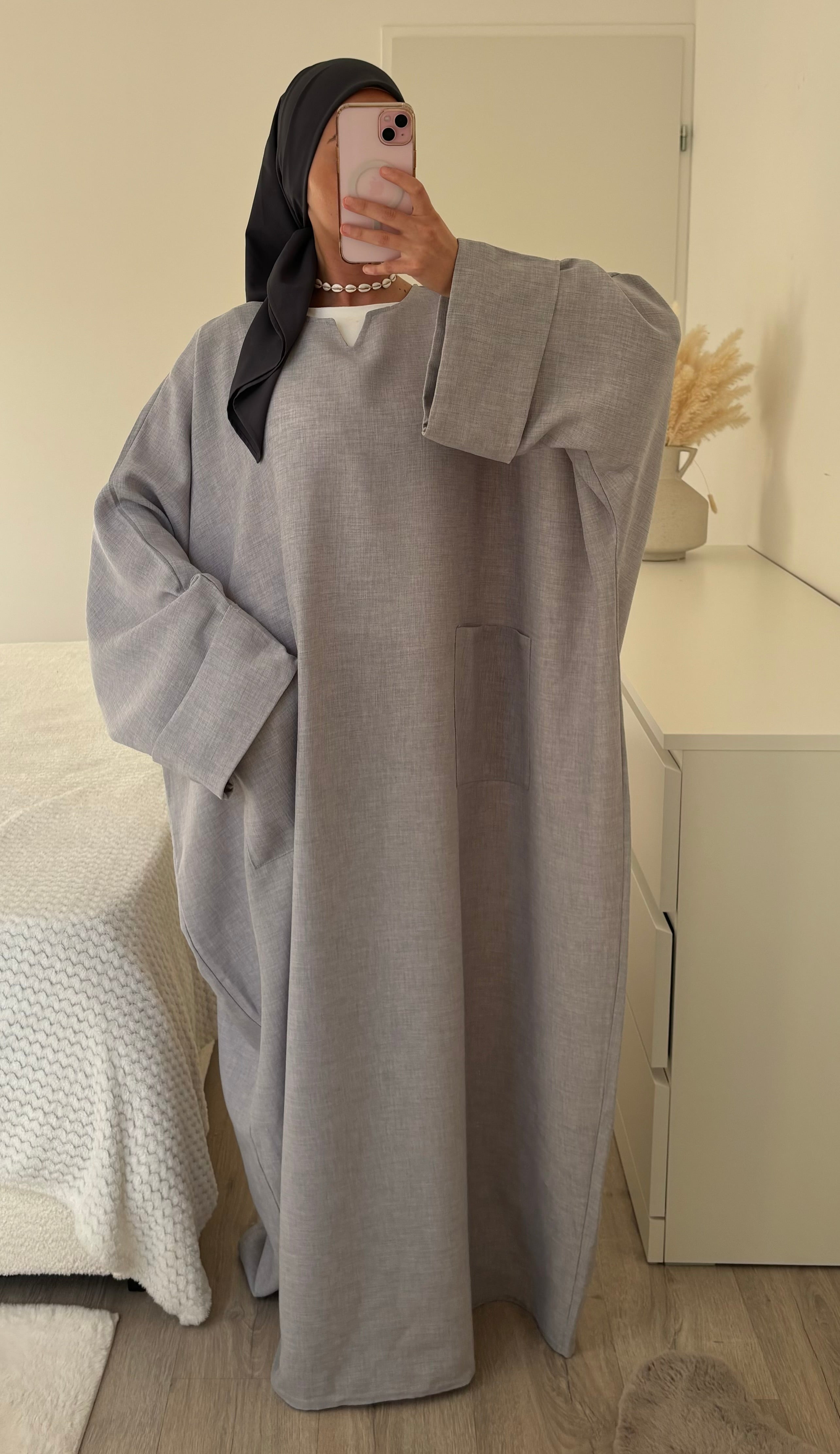 Abaya poche lin - grey