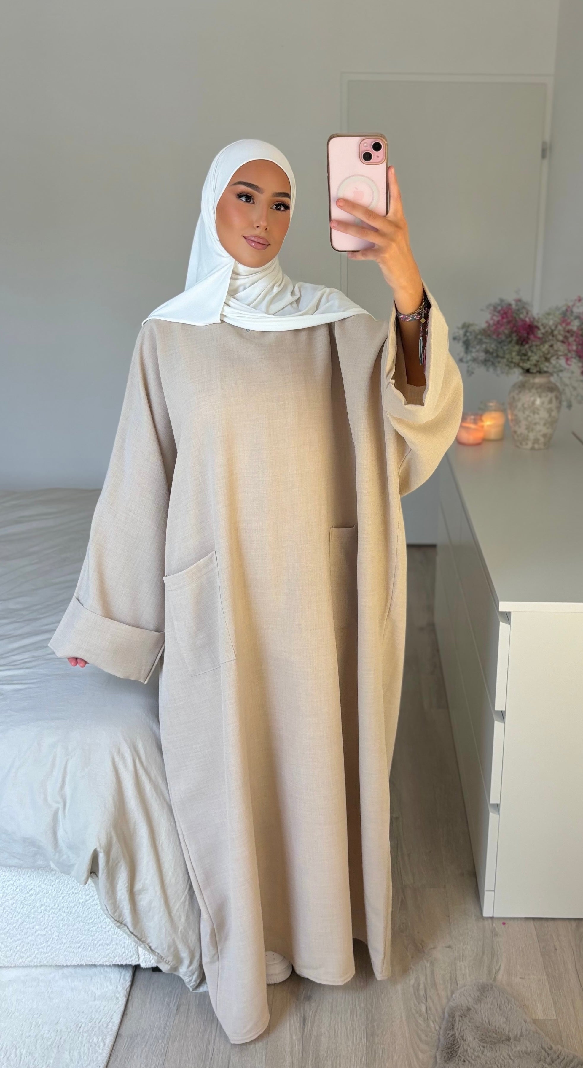 Leinen-Abaya mit Tasche - creme