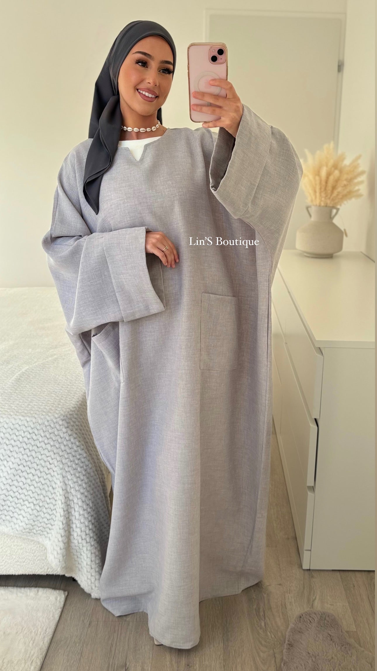 Abaya poche lin - grey