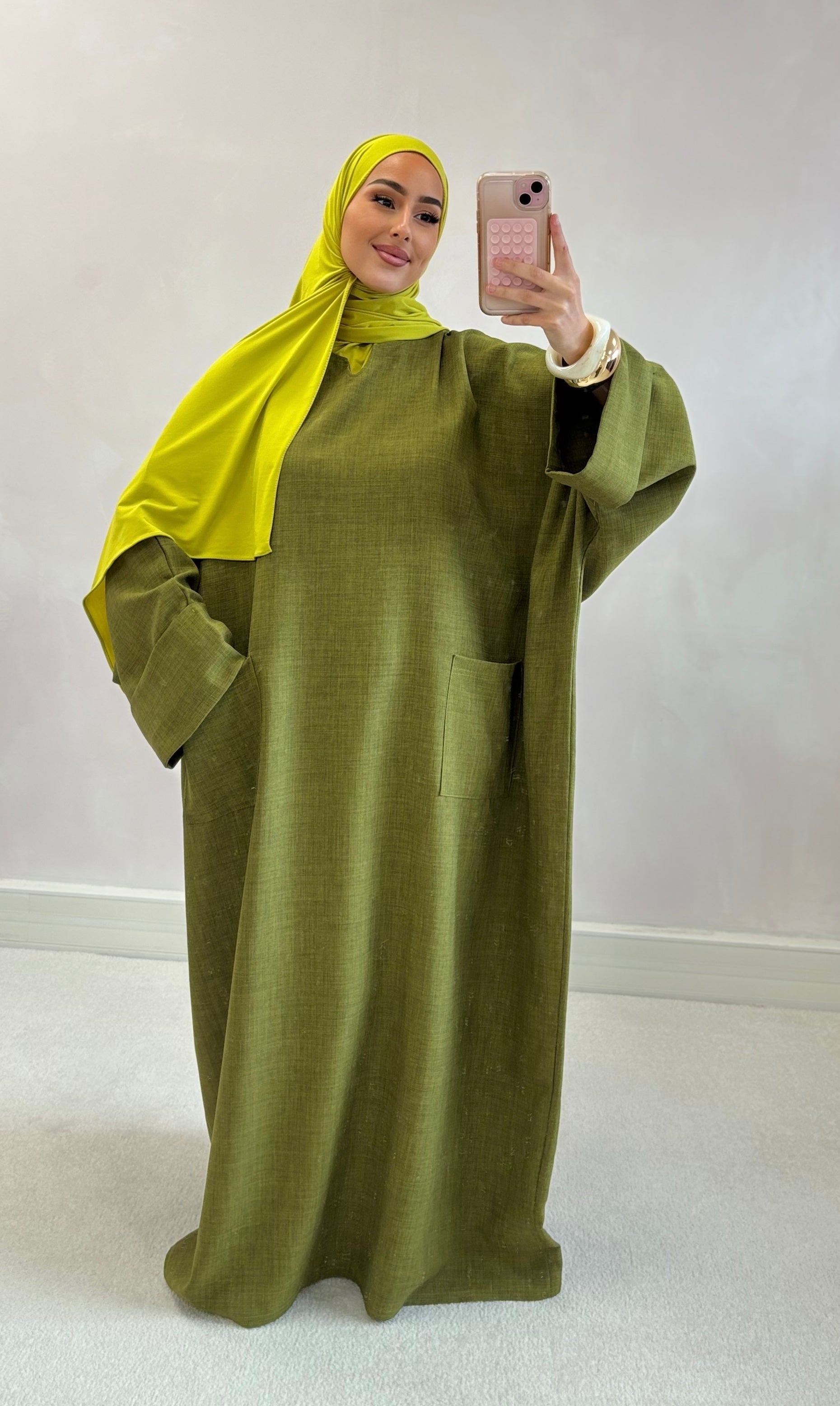 Linen pocket abaya - olive green