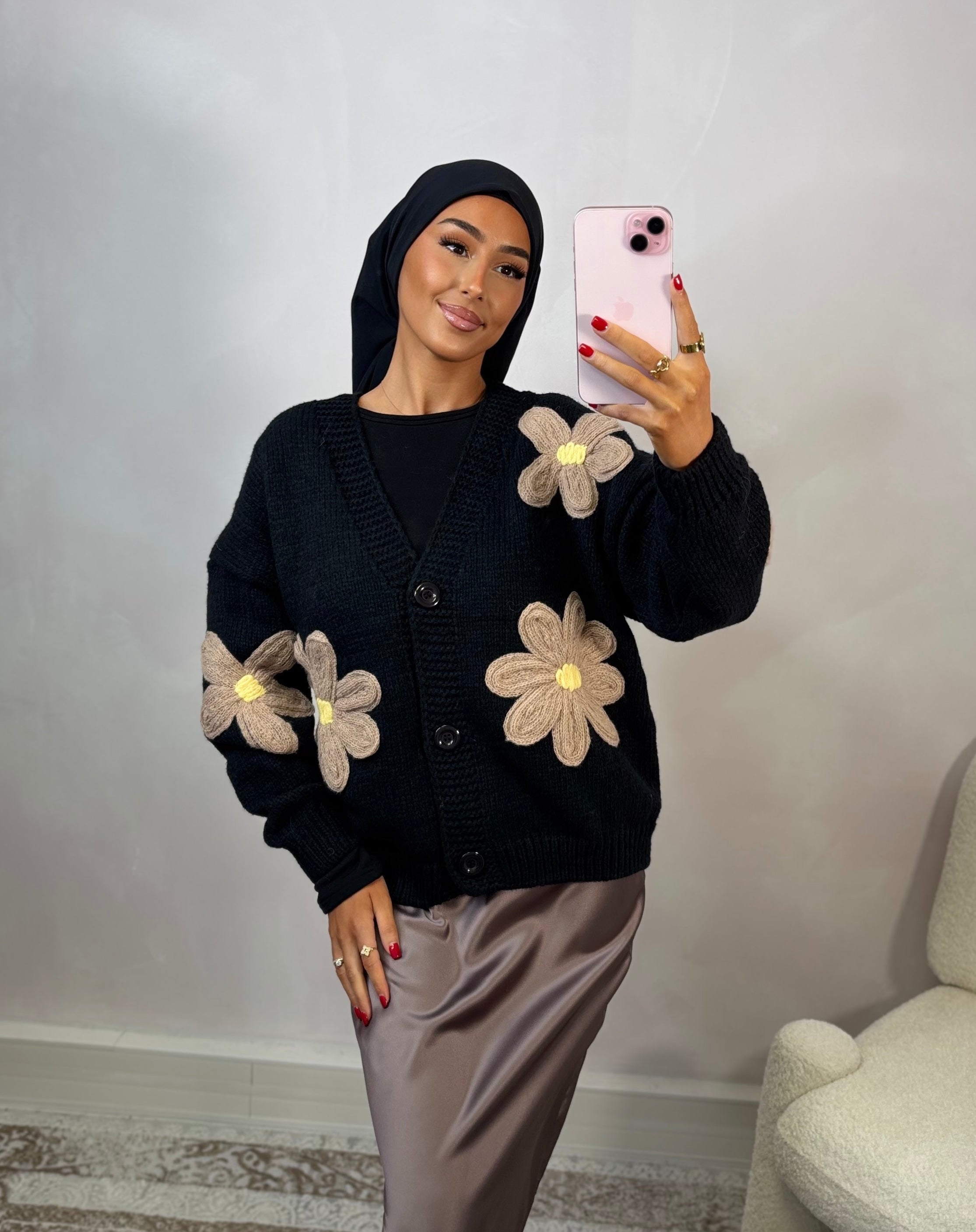 Embroidered cardigan - black &amp; taupe