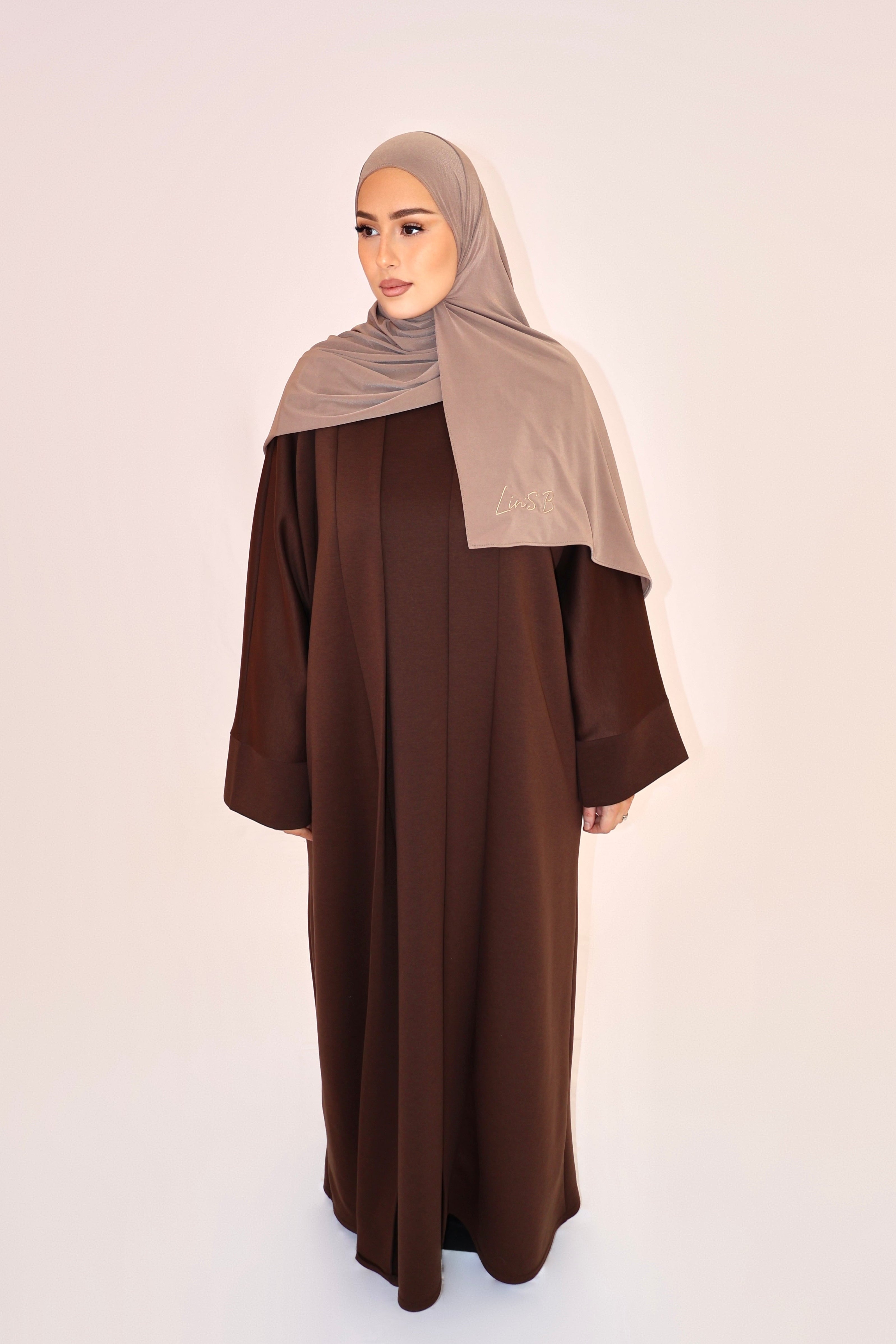 Set abaya kimono jersey - Marron foncé