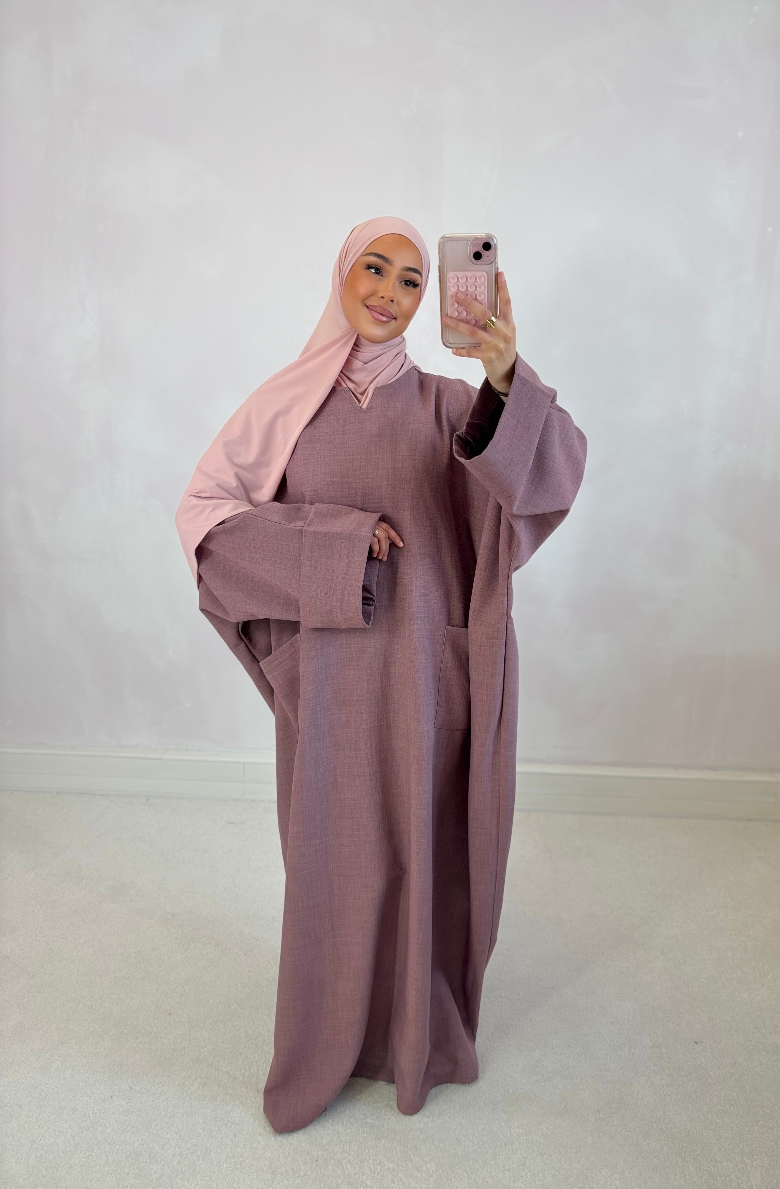 Abaya poche lin - vieux rose